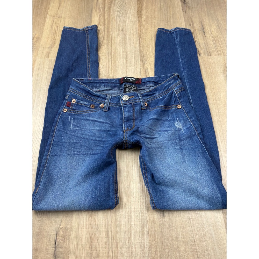 Y2K Low Rise Fragile Blue Jeans Women Size 0 Skinny Denim Medium Wash Distressed